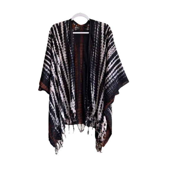 0056/ Black White Brown Kimono Cover up, Cardigan Outer with Fringes - Picture 4 of 9